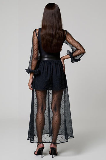 Navy A Line V-Neck Tulle Cocktail Dress with Long Sleeves